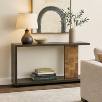 Console Sofa Table, Solid Wood C Shape w Shelf, Black Brown 58 Inch -BM327881