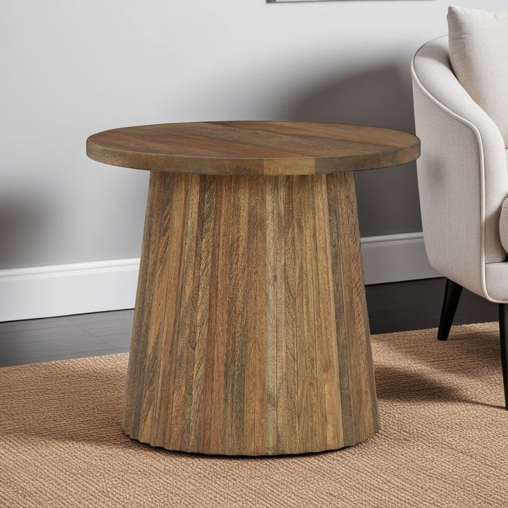 Ceil Accent Table, Round Fluted Walnut Brown Solid Wood Base, 20 Inch -BM327885