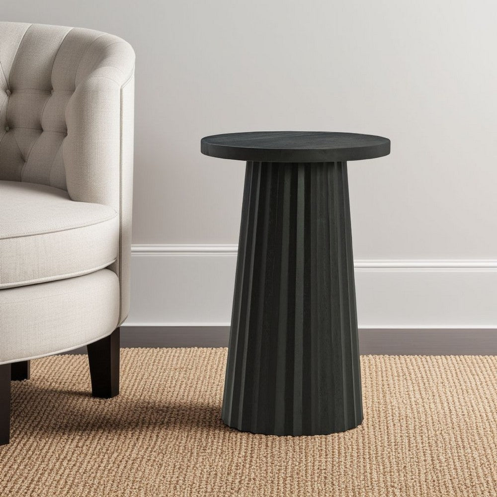 Ceil Accent Table, Round Fluted Classic Black Solid Wood Base, 14 Inch -BM327886