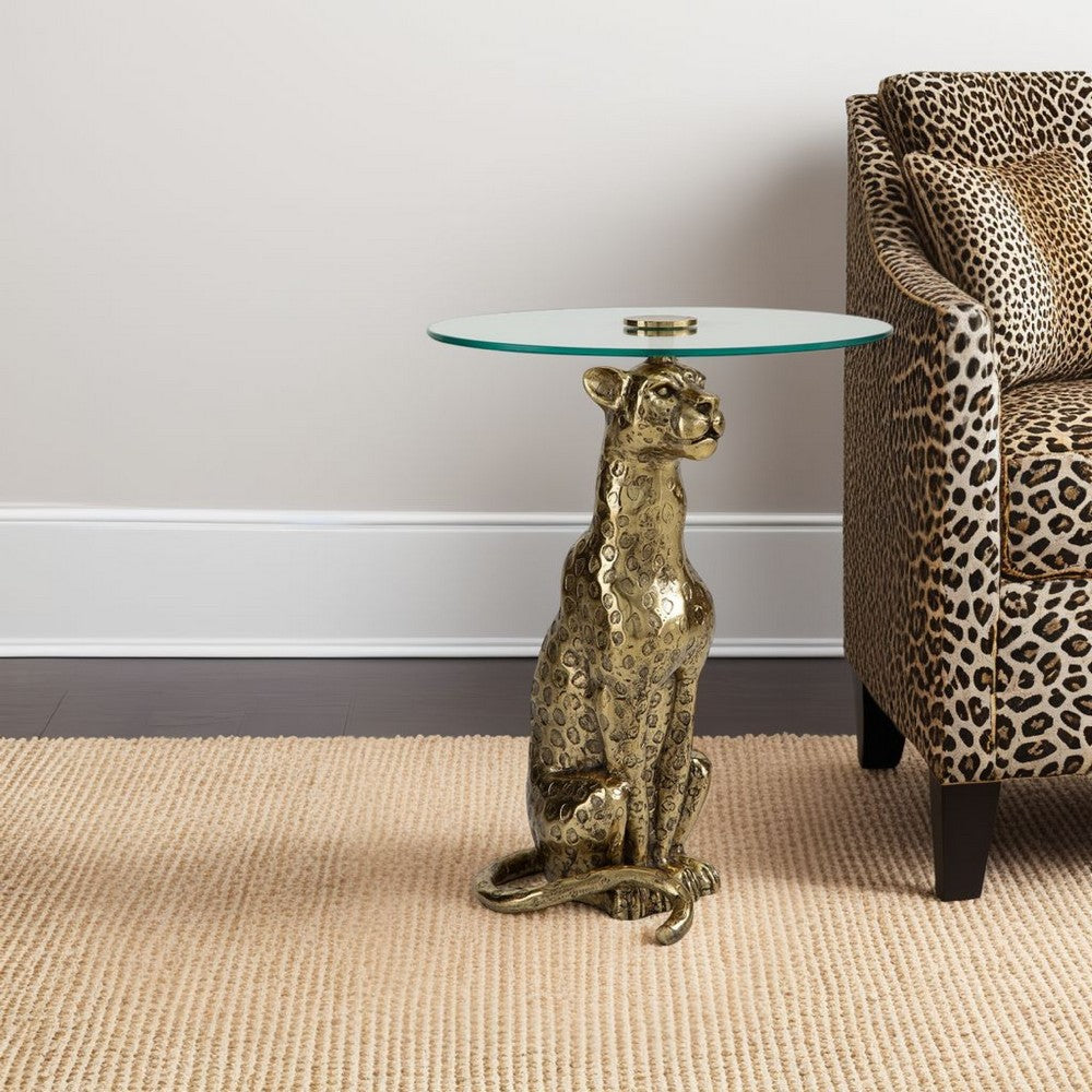 Accent Table, Gold Cast Metal Leopard Design, 18 Inch Glass Round Top -BM327888