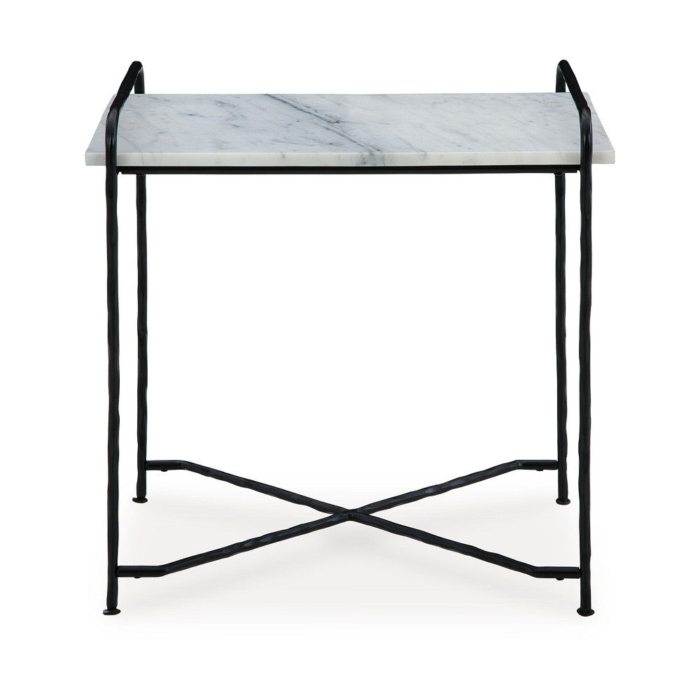 Accent Table, 22 Inch White Marble Top, Industrial Black Metal Legs -BM327890