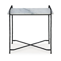 Accent Table, 22 Inch White Marble Top, Industrial Black Metal Legs -BM327890