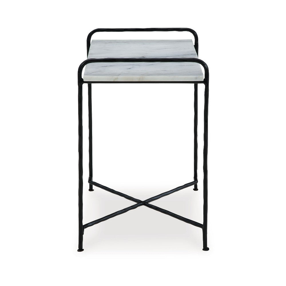 Accent Table, 22 Inch White Marble Top, Industrial Black Metal Legs -BM327890
