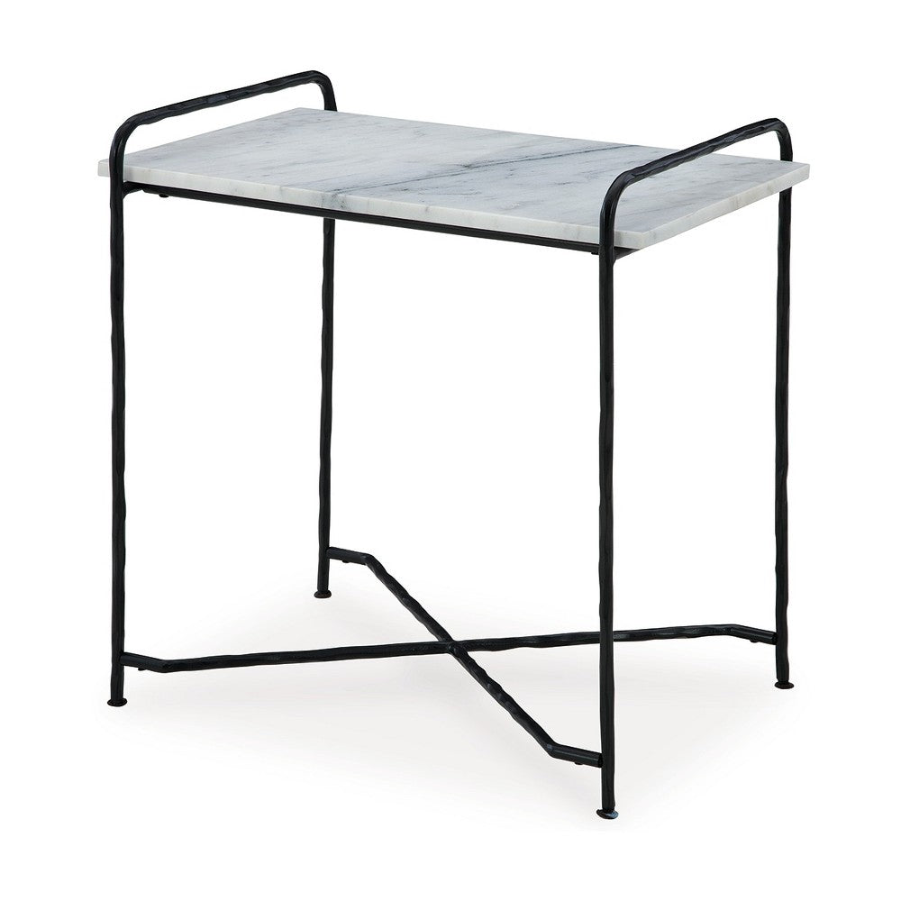 Accent Table, 22 Inch White Marble Top, Industrial Black Metal Legs -BM327890