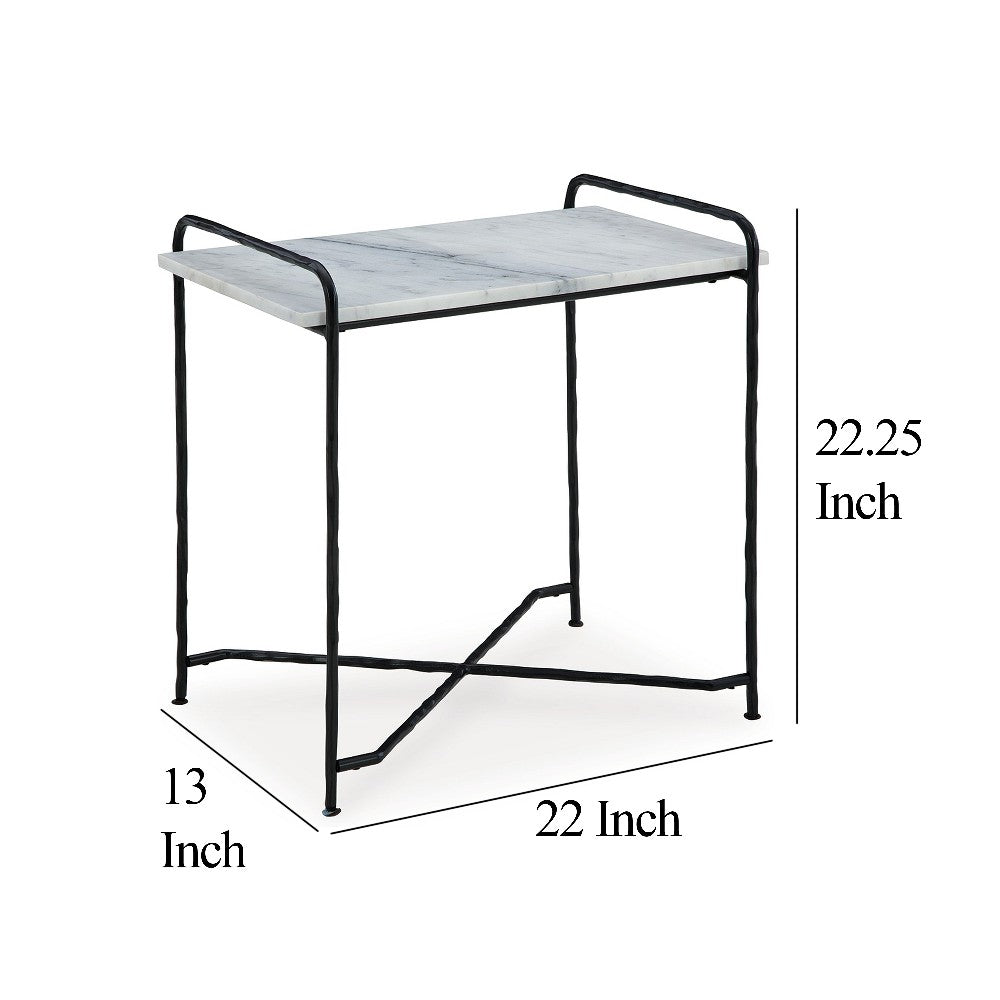 Accent Table, 22 Inch White Marble Top, Industrial Black Metal Legs -BM327890