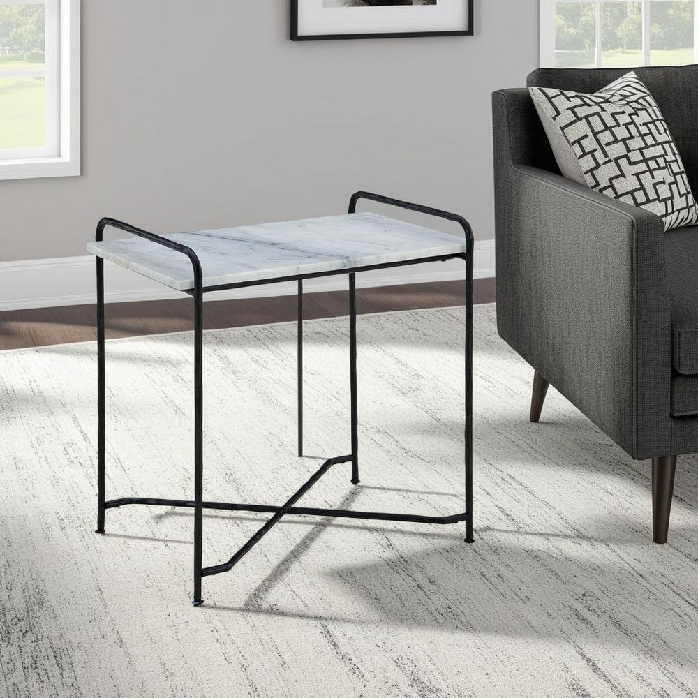 Accent Table, 22 Inch White Marble Top, Industrial Black Metal Legs -BM327890