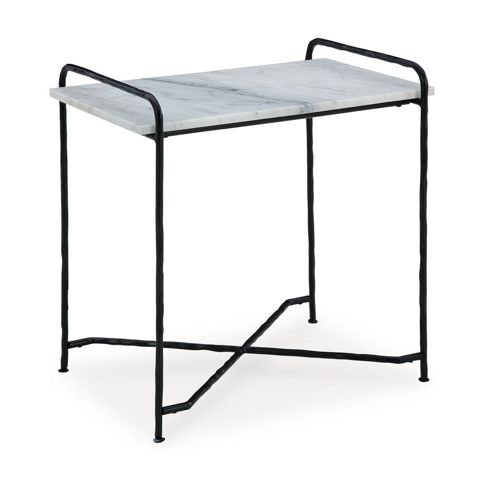 Accent Table, 22 Inch White Marble Top, Industrial Black Metal Legs -BM327890