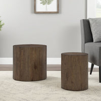 Accent Table Set of 2, Farmhouse Wood Log Shape, Rich Oak Brown Finish -BM327894