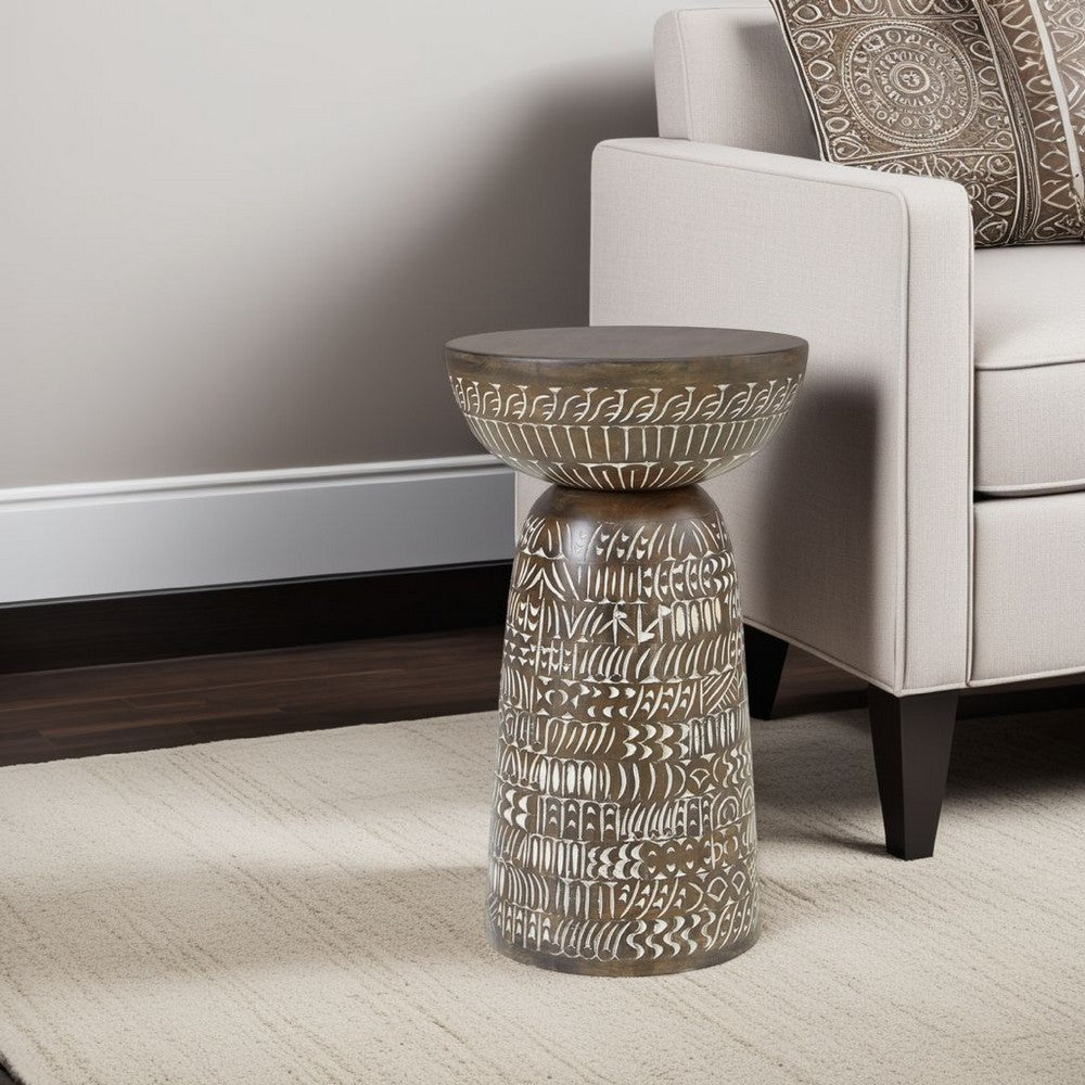 Accent Table, Faux Wood Classical Tribal Carved Design, Brown 14 Inch -BM327895