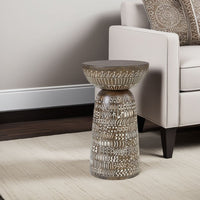 Accent Table, Faux Wood Classical Tribal Carved Design, Brown 14 Inch -BM327895
