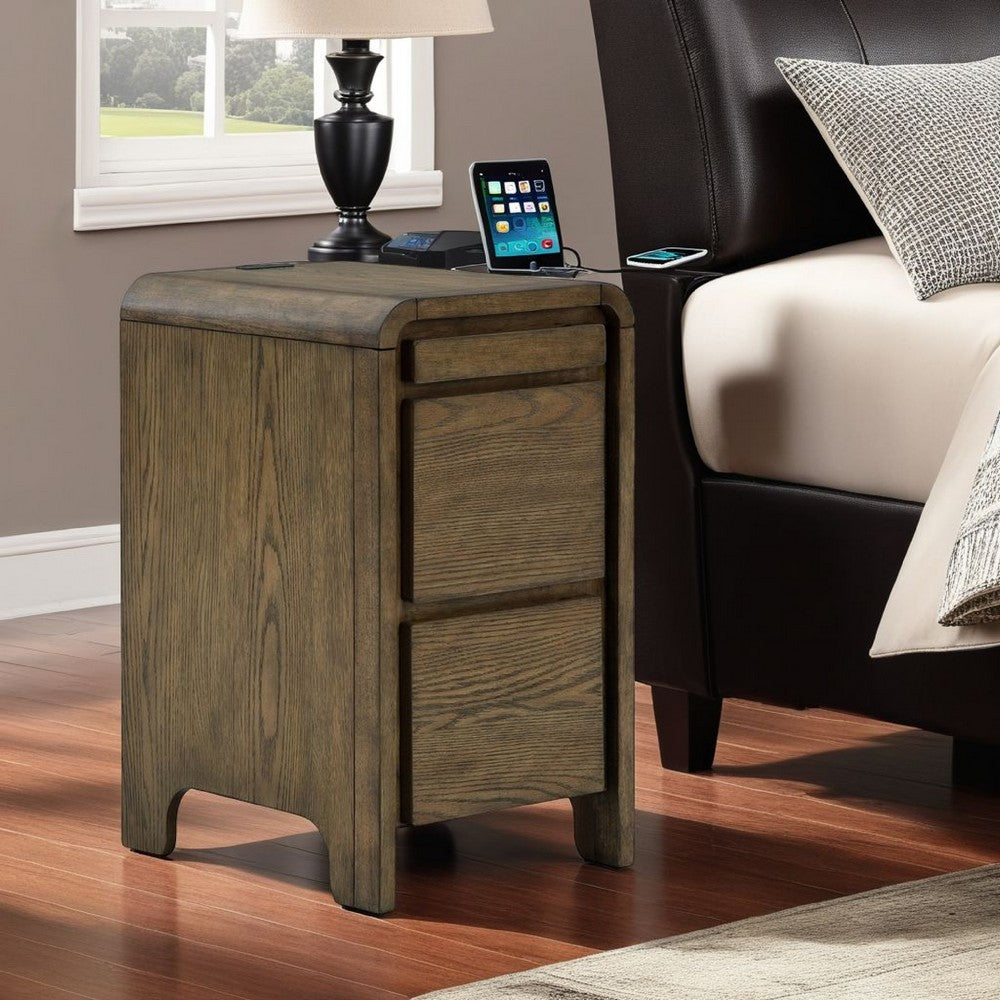 Accent Table, USB Charging Ports, 17 Inch Warm Brown Wood Veneer -BM327899