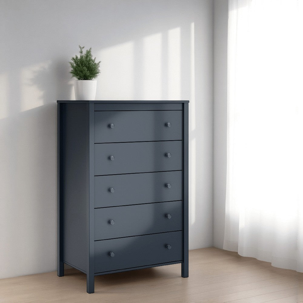 Cian Tall Dresser Chest, 5 Drawers, Knobs, Navy Blue Wood, 50 Inch -BM327905