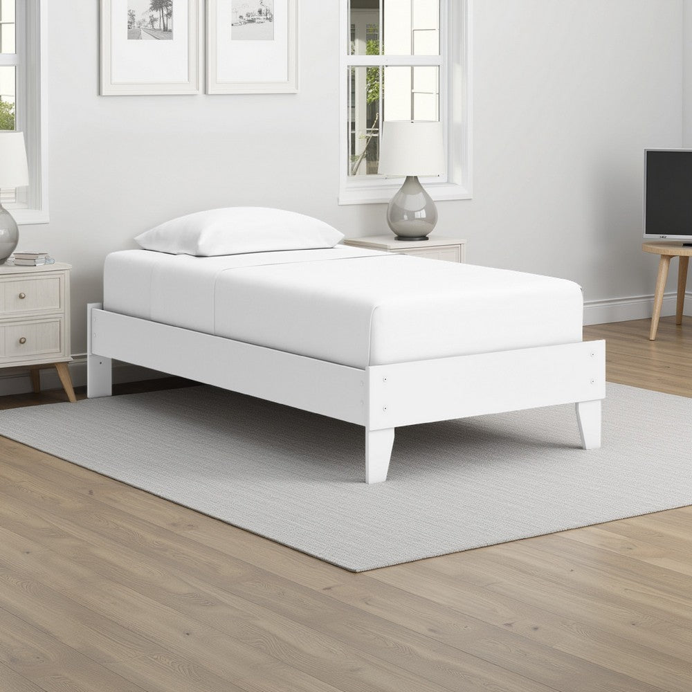 Kally Twin Platform Bed, Matte White Wood, Low Profile Tapered Legs -BM327912