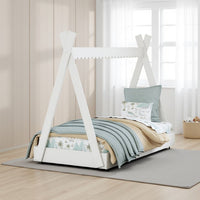 Kally Twin Size Floor Bed, Tent Style Design, Matte White Wood -BM327914