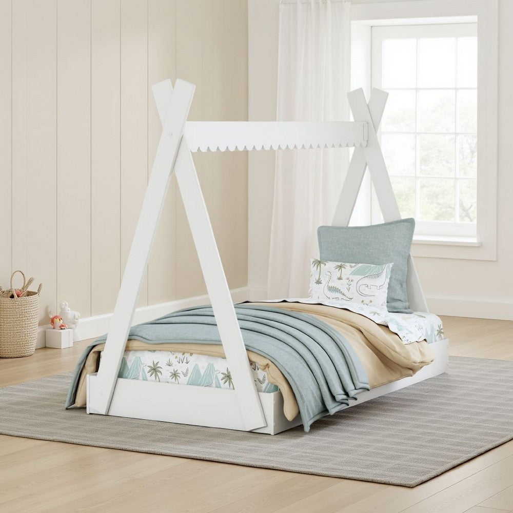 Kally Twin Size Floor Bed, Tent Style Design, Matte White Wood -BM327914