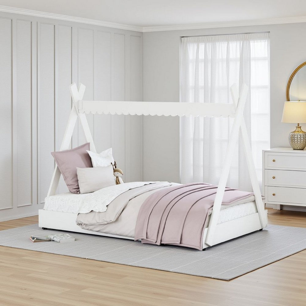 Kally Full Size Floor Bed, Tent Style Design, Matte White Wood -BM327915