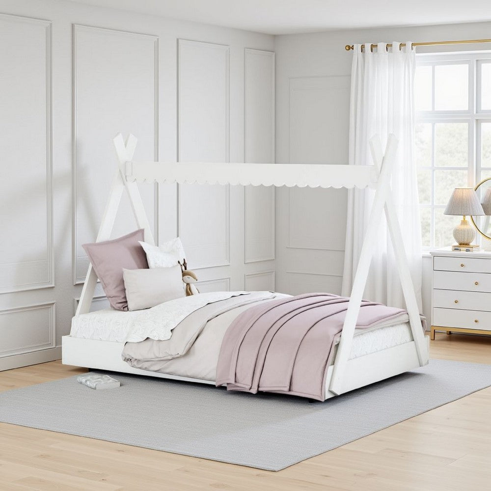 Kally Full Size Floor Bed, Tent Style Design, Matte White Wood -BM327915