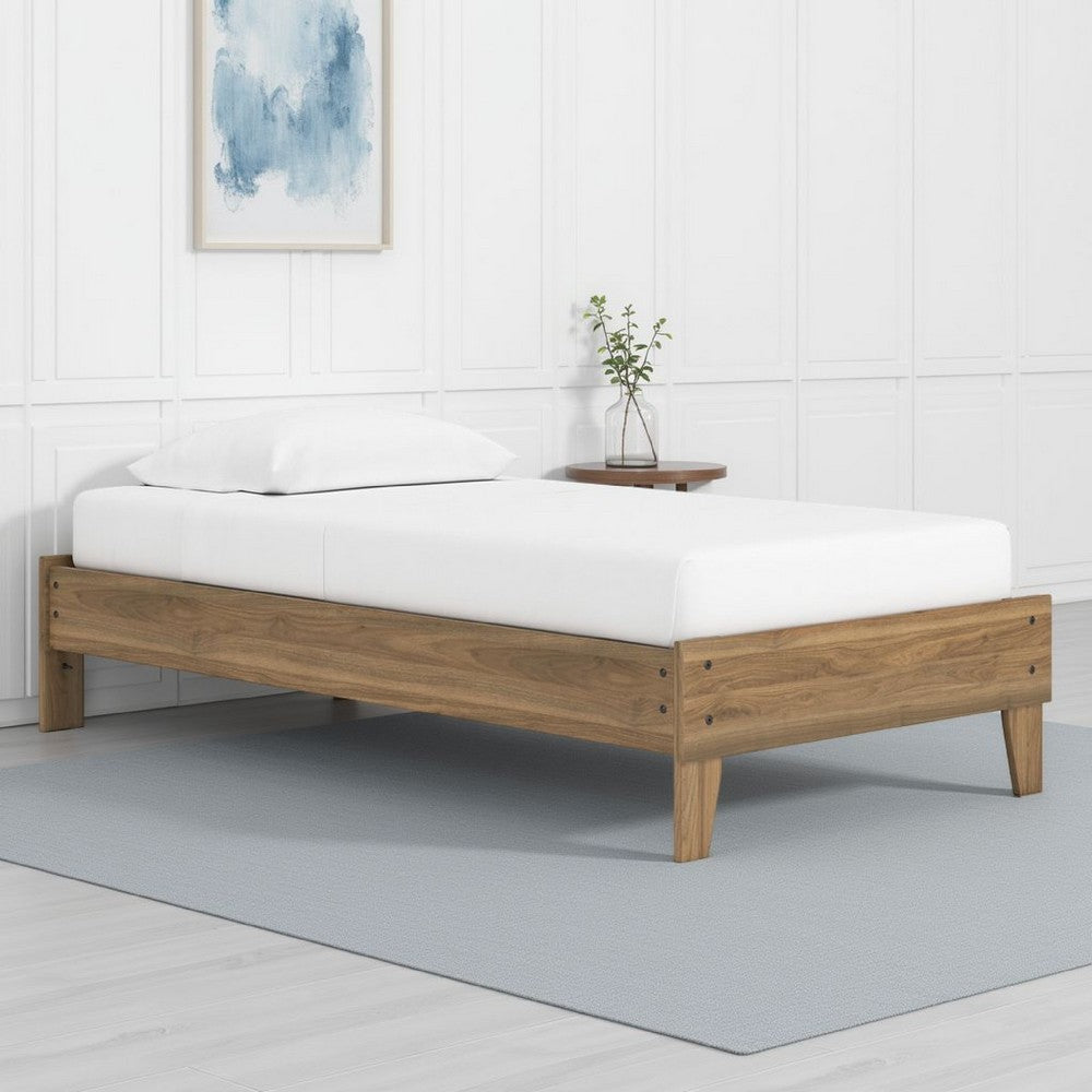 Deana Twin Platform Bed, Honey Brown Wood, Low Profile Tapered Legs -BM327926
