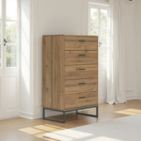 Deana Tall Dresser Chest, 5 Drawers, Brown Wood, Black Metal, 51 Inch -BM327930