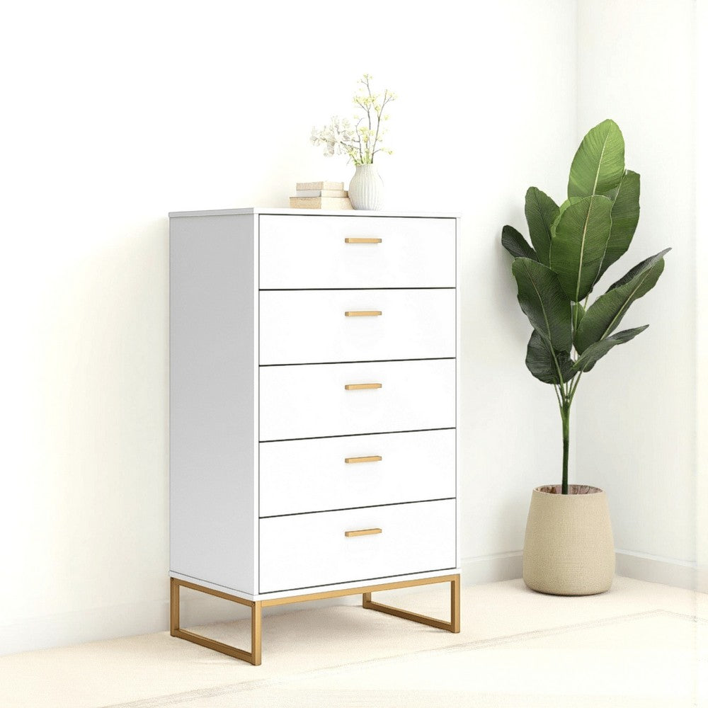 Alli Tall Dresser Chest, 5 Drawers, Matte White, Gold Metal, 51 Inch -BM327936