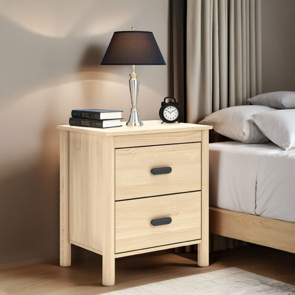 Abis Nightstand, 2 Drawers, Natural Brown Wood, Black Handles, 24 Inch -BM327942