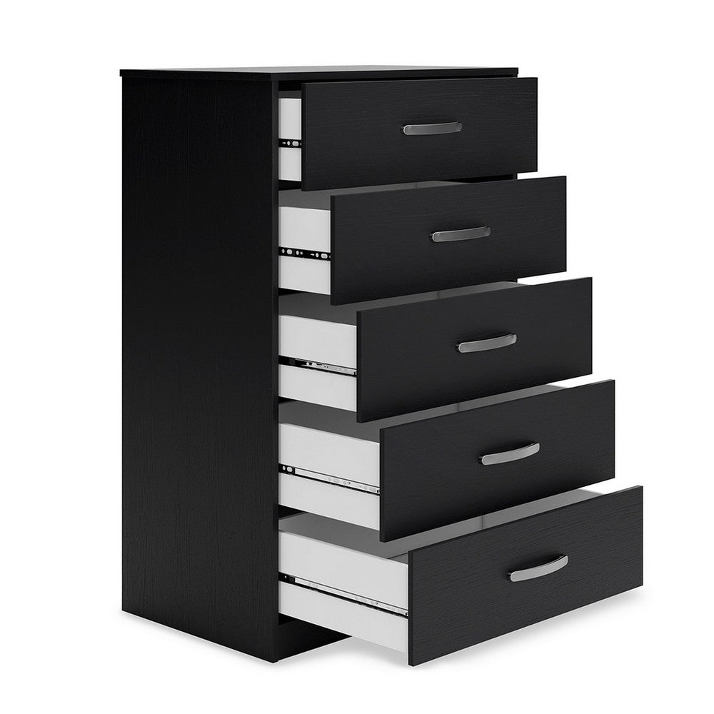 Finny Tall Dresser Chest, 5 Drawer, Matte Black, Silver Metal, 46 Inch -BM327944
