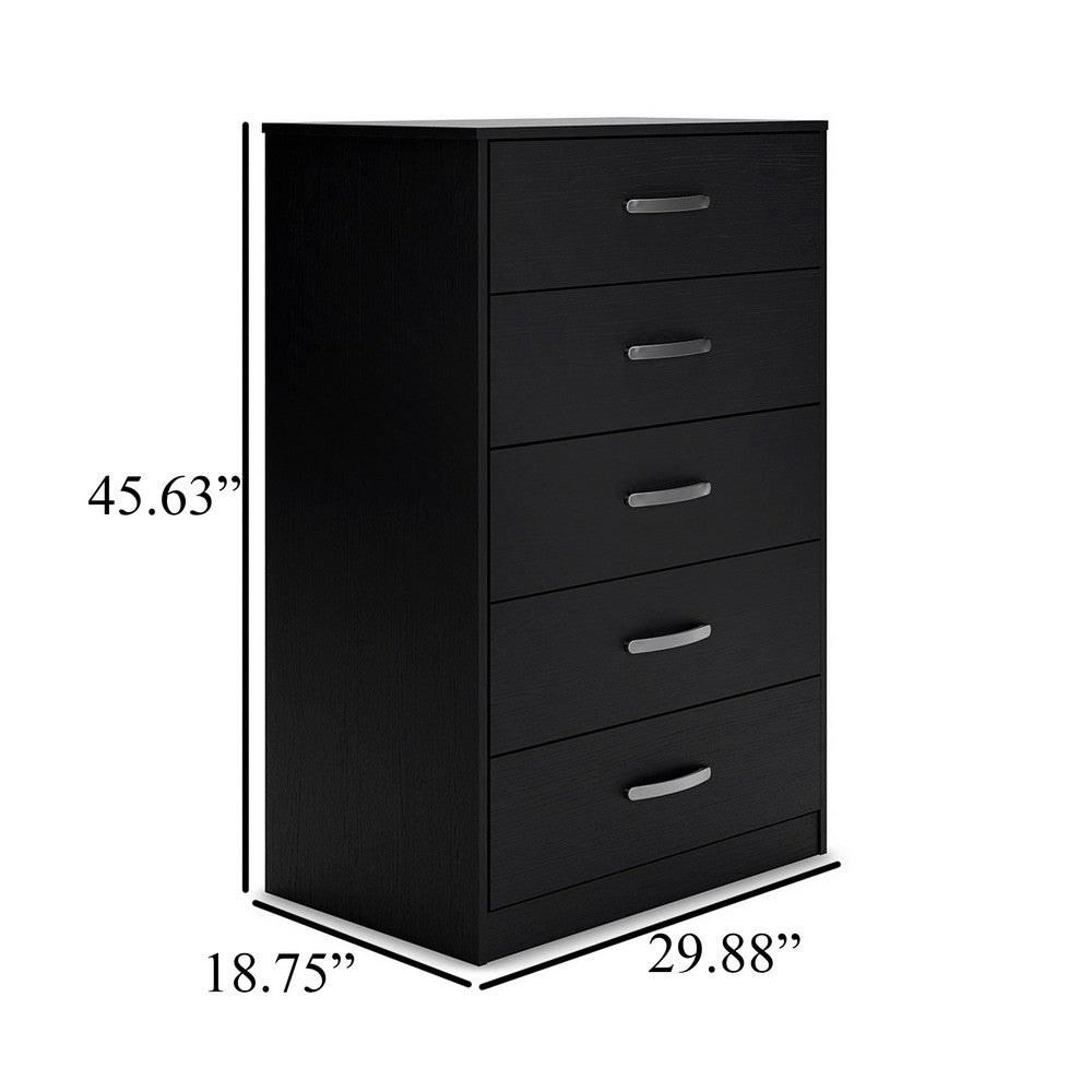 Finny Tall Dresser Chest, 5 Drawer, Matte Black, Silver Metal, 46 Inch -BM327944