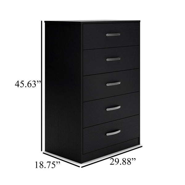 Finny Tall Dresser Chest, 5 Drawer, Matte Black, Silver Metal, 46 Inch -BM327944