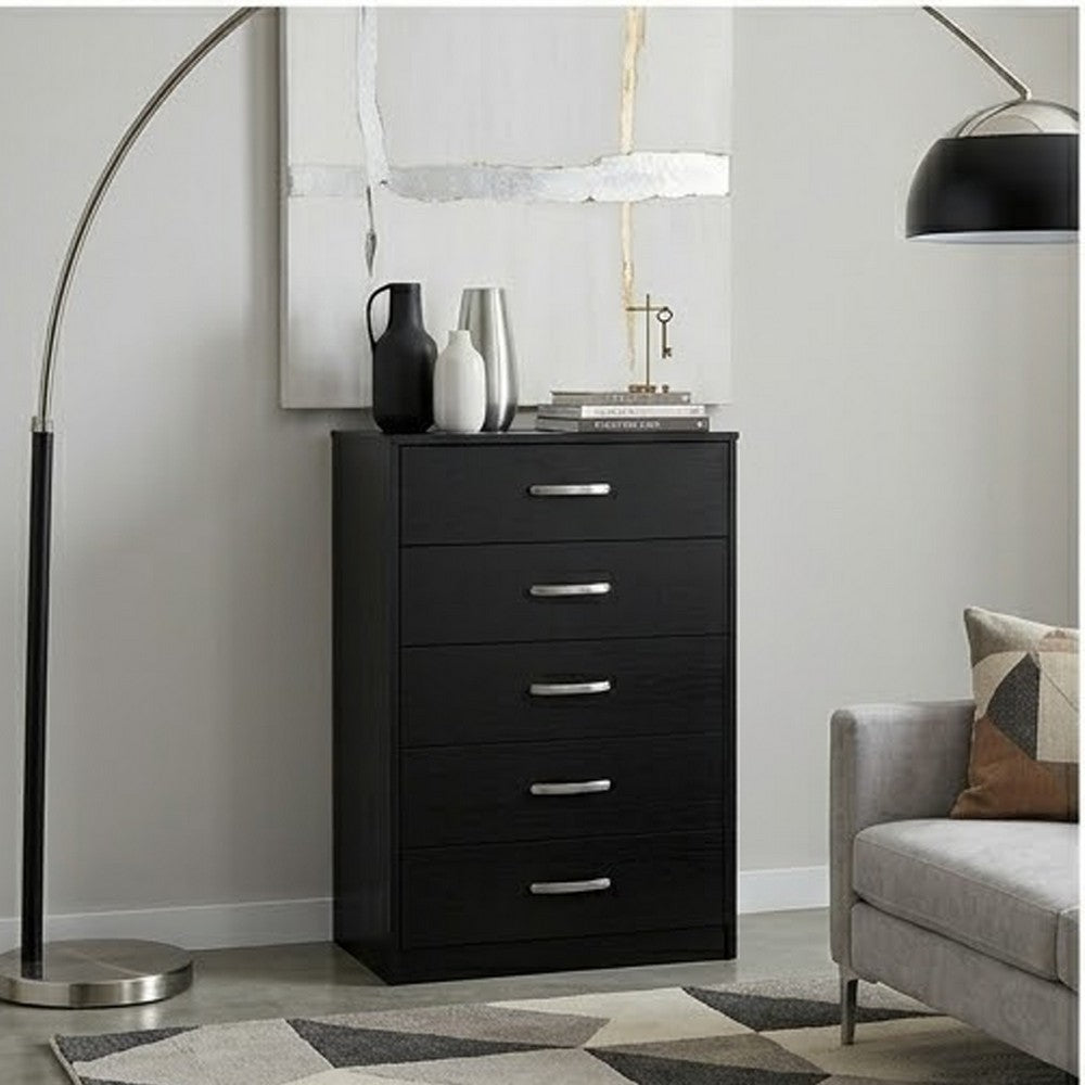 Finny Tall Dresser Chest, 5 Drawer, Matte Black, Silver Metal, 46 Inch -BM327944