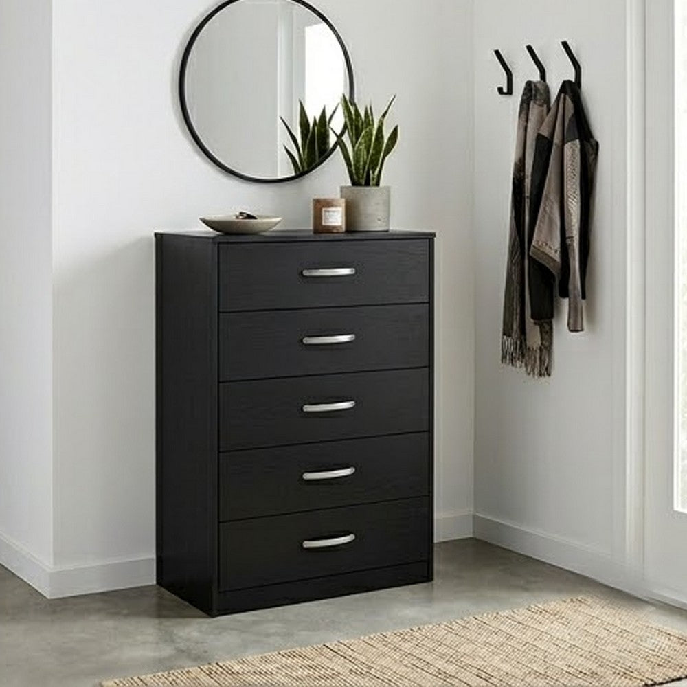 Finny Tall Dresser Chest, 5 Drawer, Matte Black, Silver Metal, 46 Inch -BM327944