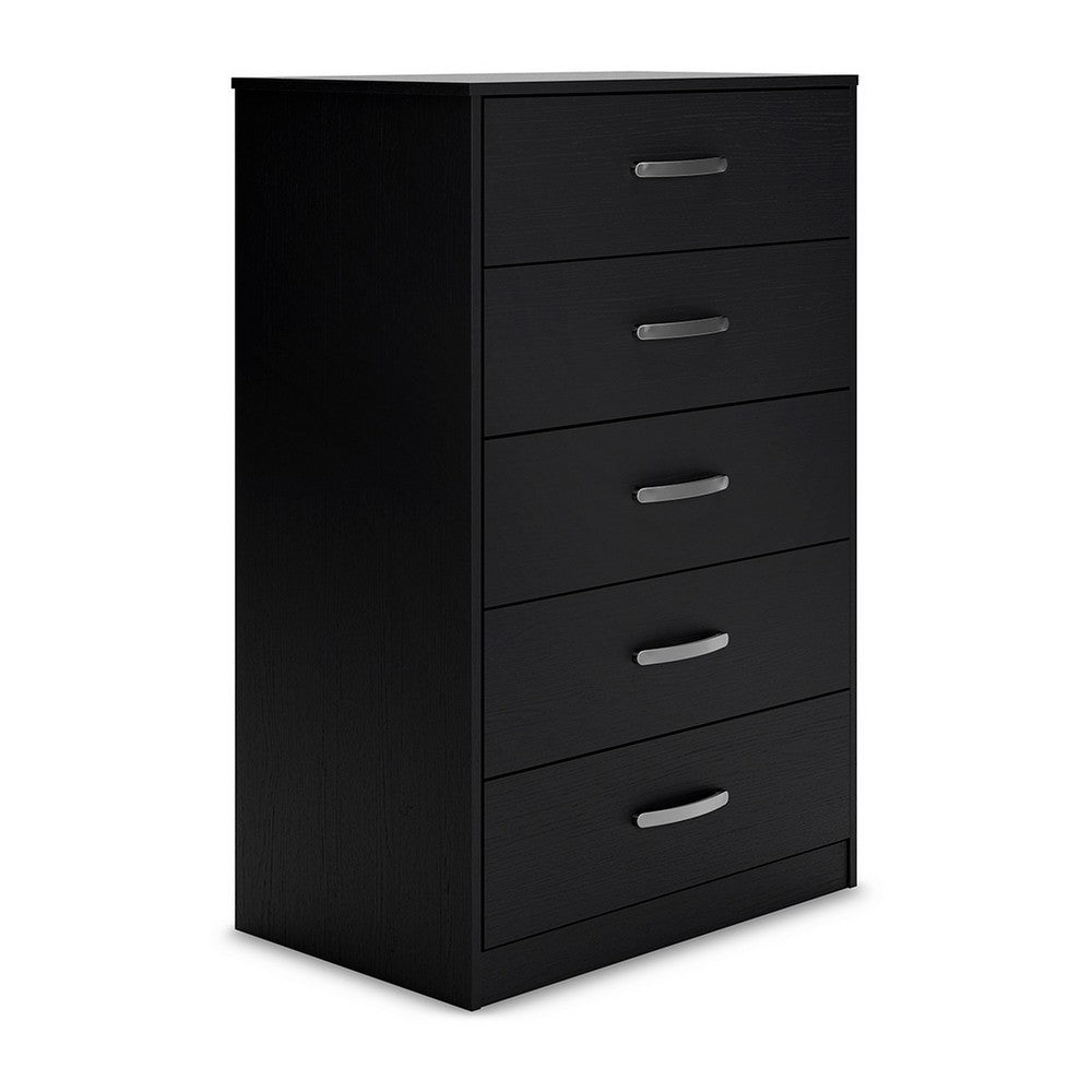 Finny Tall Dresser Chest, 5 Drawer, Matte Black, Silver Metal, 46 Inch -BM327944