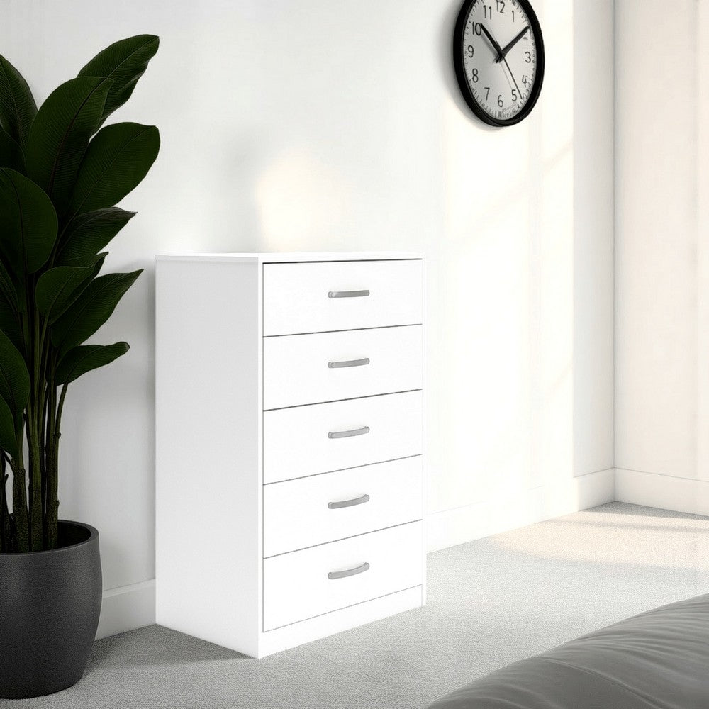 Eriss Tall Dresser Chest, 5 Drawers, White Wood, Silver Metal, 46 Inch -BM327947