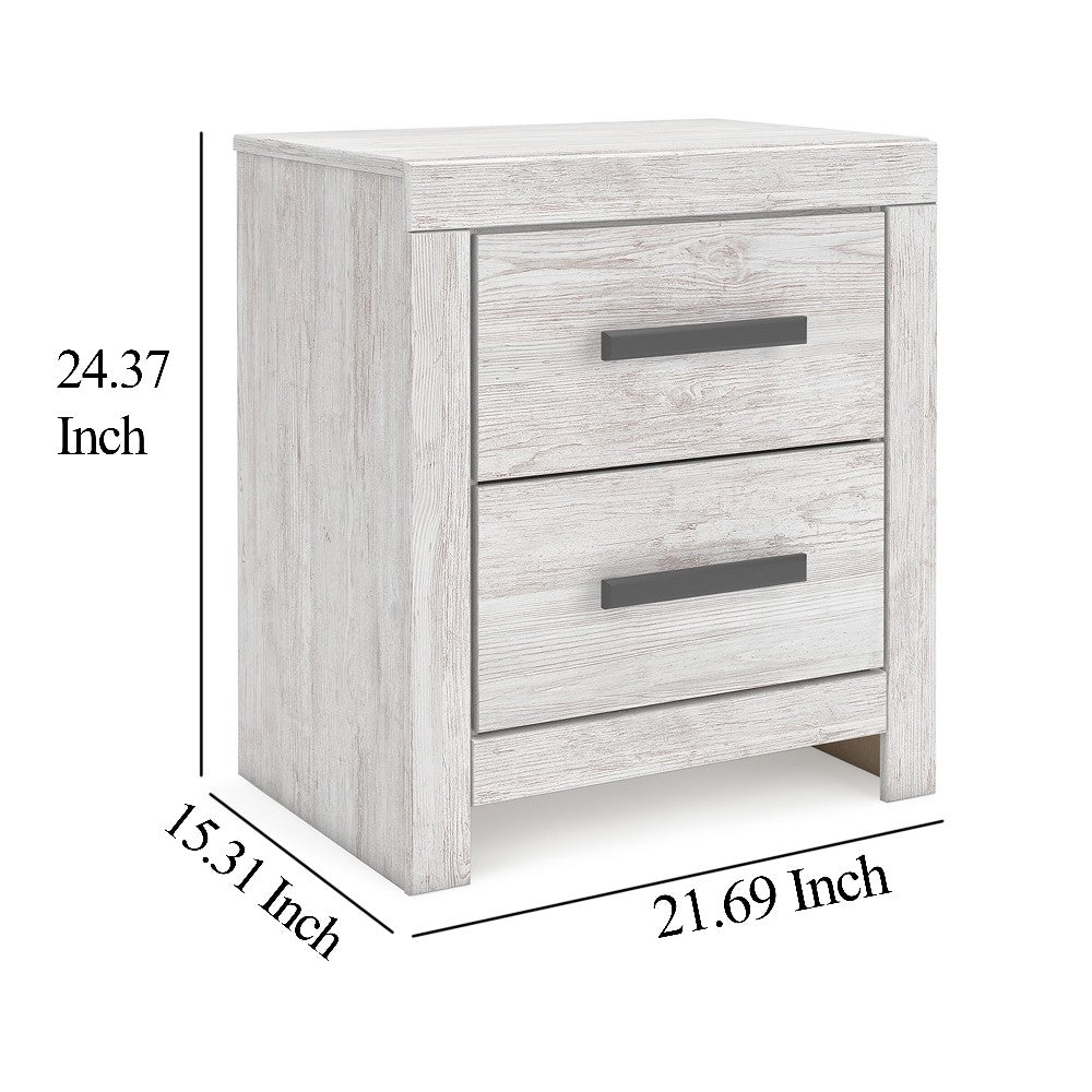 Cany Nightstand, 2 Drawers with Black Handles, Vintage Whitewash -BM327962