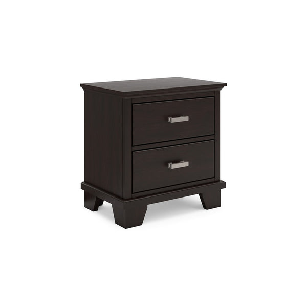 Teno Nightstand, 2 Drawers, Nickel Handles, Dark Brown Solid Hardwood -BM327965