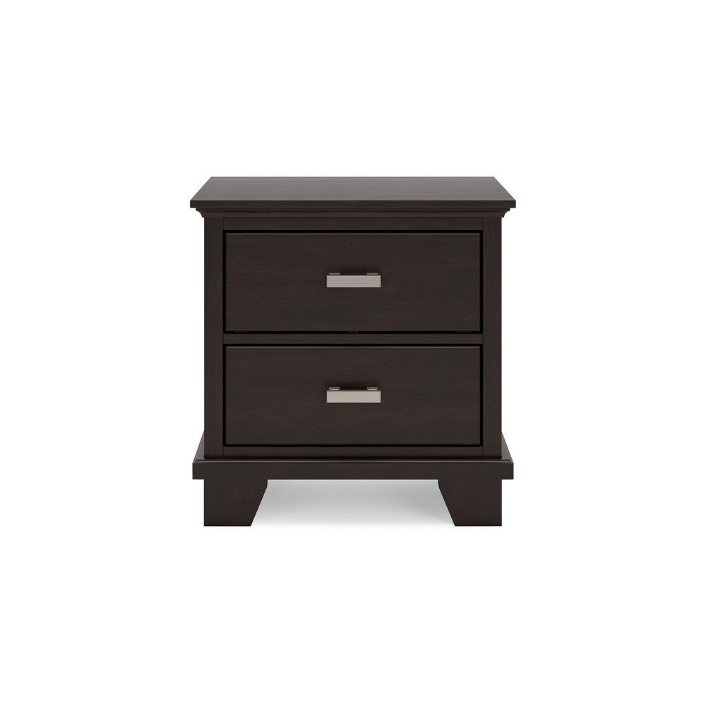 Teno Nightstand, 2 Drawers, Nickel Handles, Dark Brown Solid Hardwood -BM327965