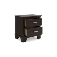 Teno Nightstand, 2 Drawers, Nickel Handles, Dark Brown Solid Hardwood -BM327965