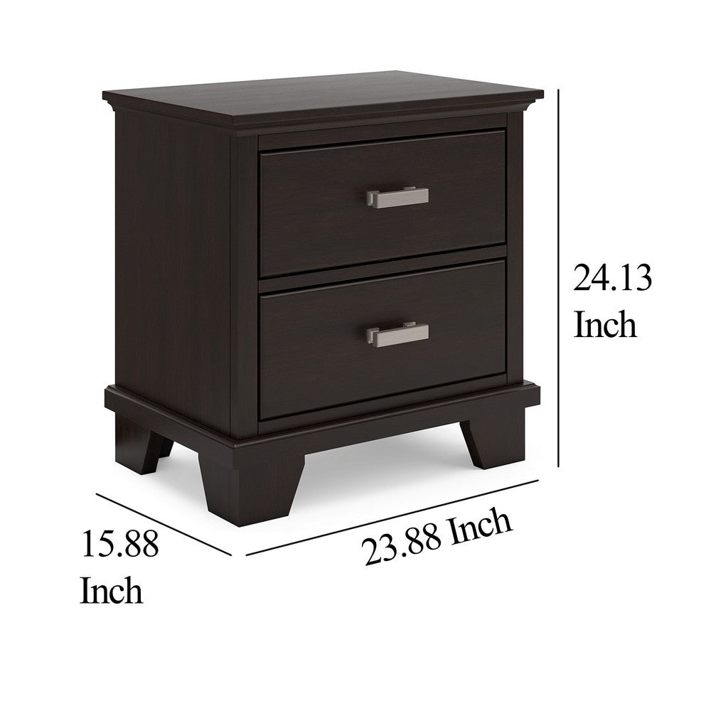 Teno Nightstand, 2 Drawers, Nickel Handles, Dark Brown Solid Hardwood -BM327965