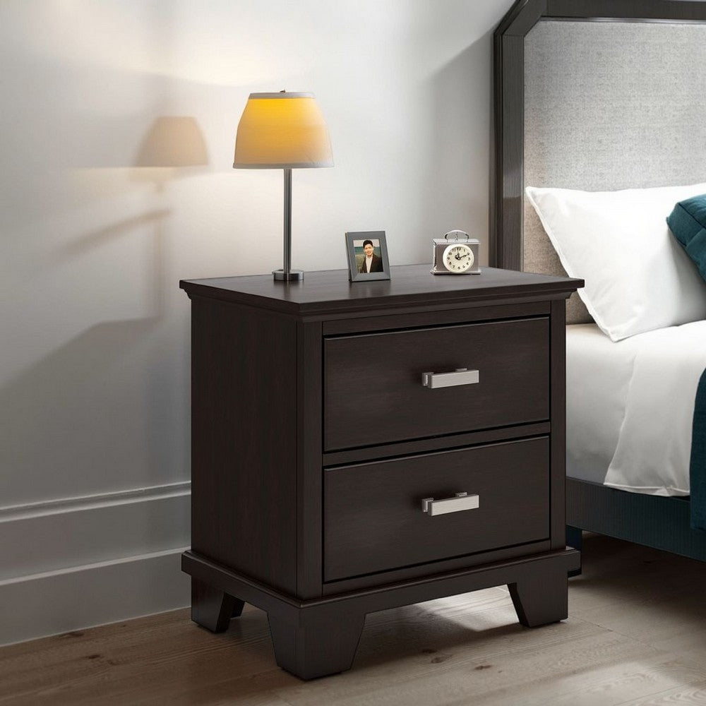 Teno Nightstand, 2 Drawers, Nickel Handles, Dark Brown Solid Hardwood -BM327965
