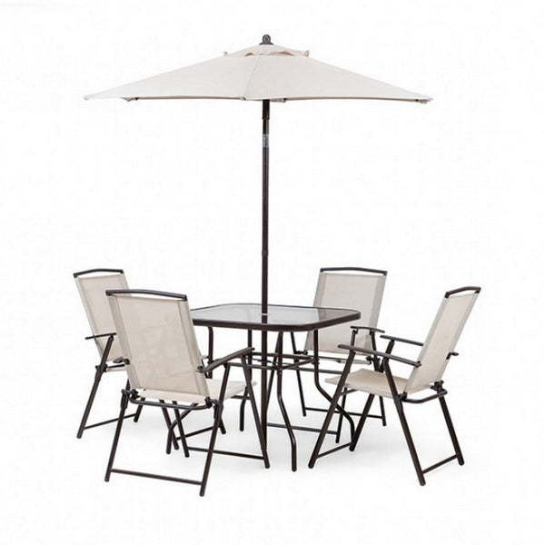 Ainy 6pc Patio Dining Table Set, 4 Folding Chairs and Umbrella, Beige -BM328010