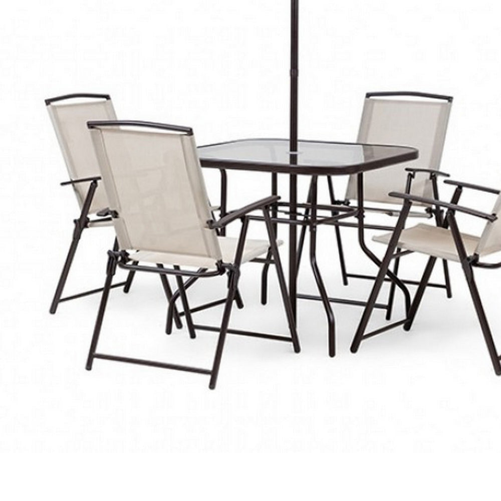 Ainy 6pc Patio Dining Table Set, 4 Folding Chairs and Umbrella, Beige -BM328010