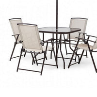 Ainy 6pc Patio Dining Table Set, 4 Folding Chairs and Umbrella, Beige -BM328010