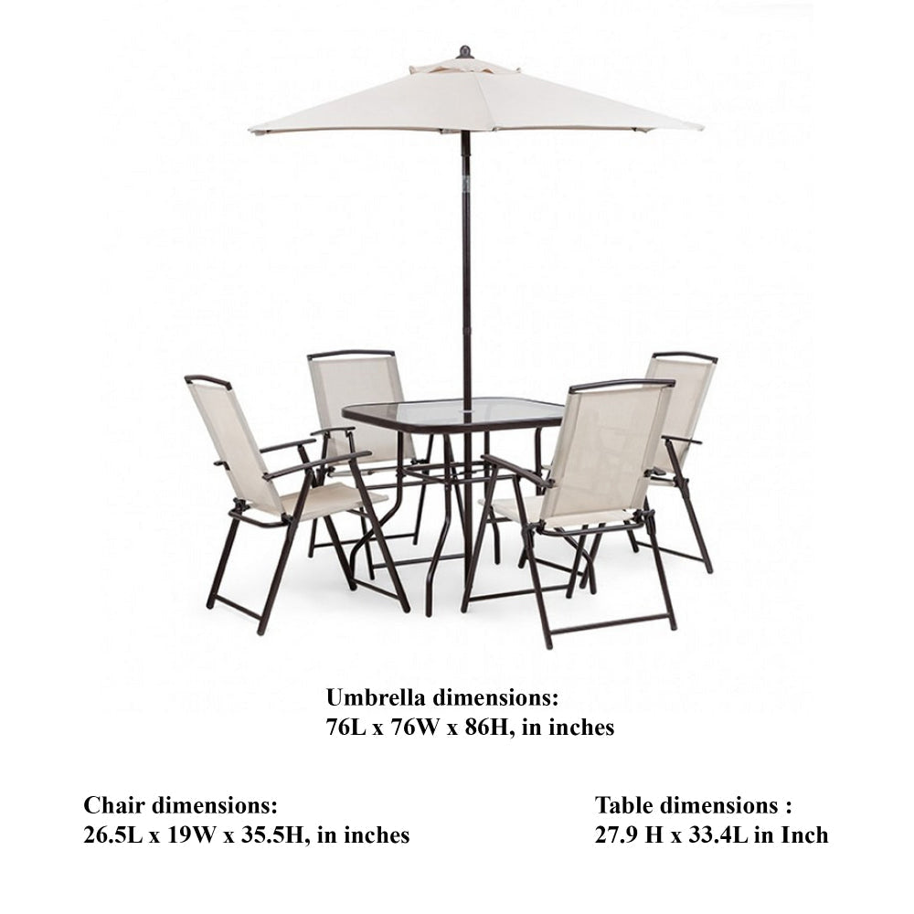 Ainy 6pc Patio Dining Table Set, 4 Folding Chairs and Umbrella, Beige -BM328010