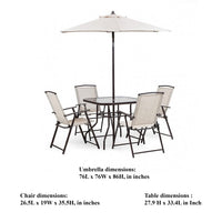 Ainy 6pc Patio Dining Table Set, 4 Folding Chairs and Umbrella, Beige -BM328010