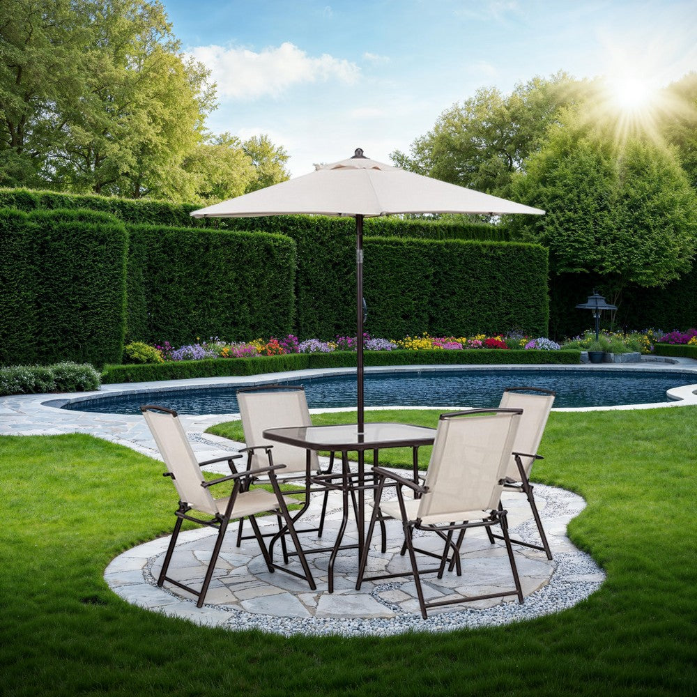 Ainy 6pc Patio Dining Table Set, 4 Folding Chairs and Umbrella, Beige -BM328010