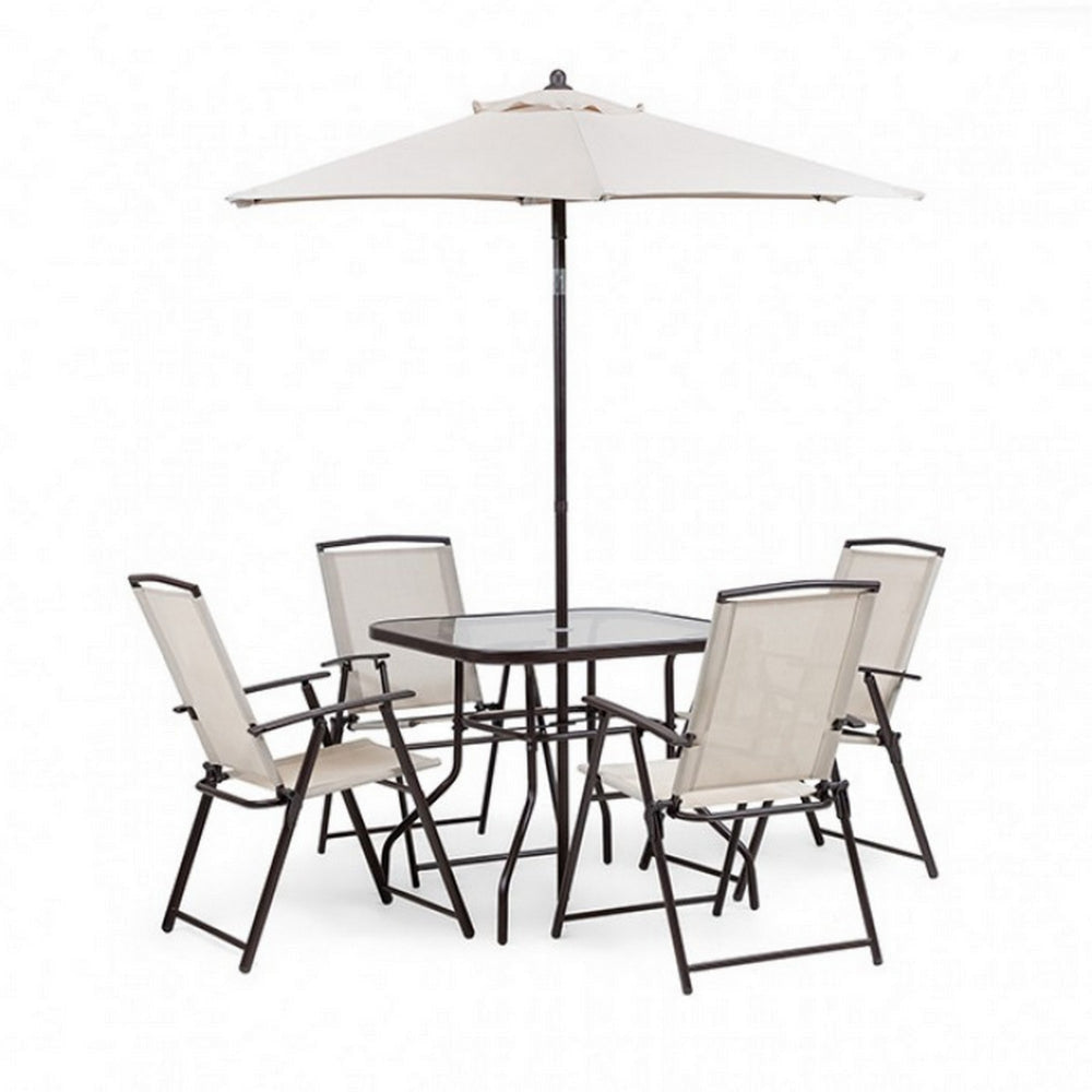 Ainy 6pc Patio Dining Table Set, 4 Folding Chairs and Umbrella, Beige -BM328010