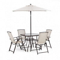 Ainy 6pc Patio Dining Table Set, 4 Folding Chairs and Umbrella, Beige -BM328010