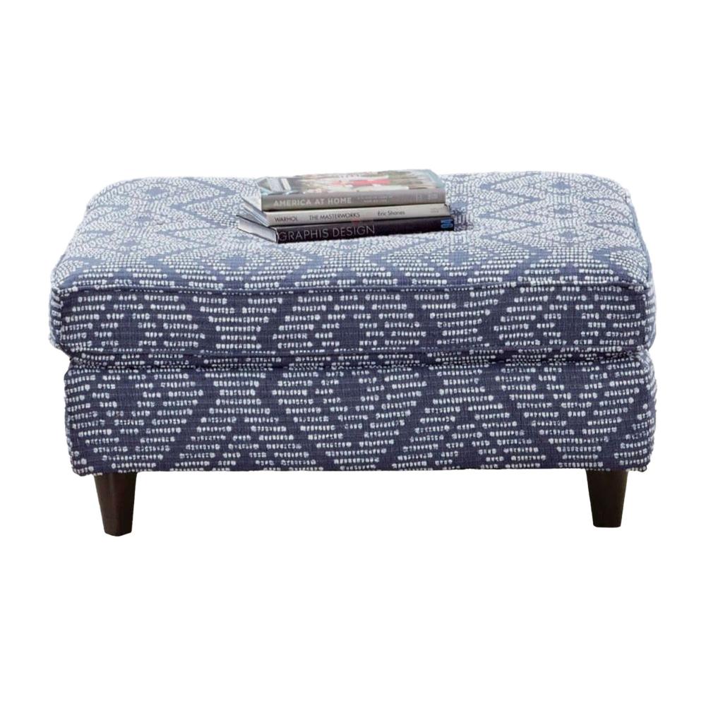 Wicky Ottoman, Classic Blue Patterned Fabric, Solid Wood, 37 Inch