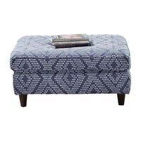 Wicky Ottoman, Classic Blue Patterned Fabric, Solid Wood, 37 Inch