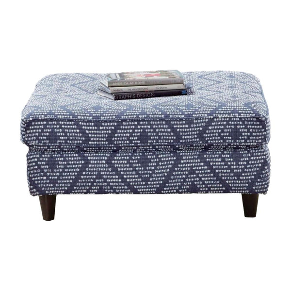 Wicky Ottoman, Classic Blue Patterned Fabric, Solid Wood, 37 Inch