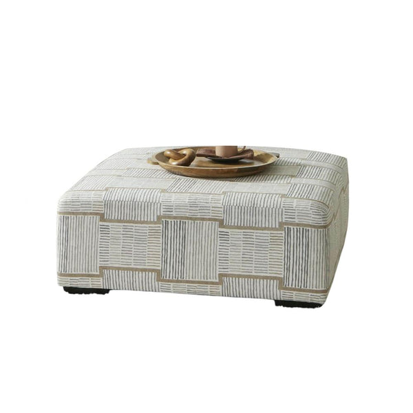 Rane Ottoman, Plush Beige Chenille, Elegant Lined Pattern, 41 Inch